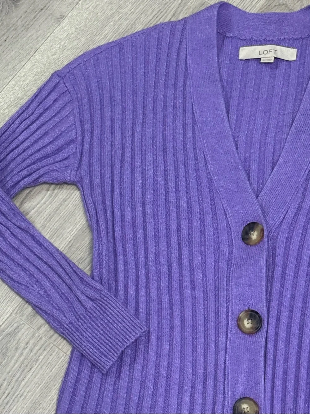 LOFT Violet Ribbed Button-Front Cardigan - Picture 3 of 10